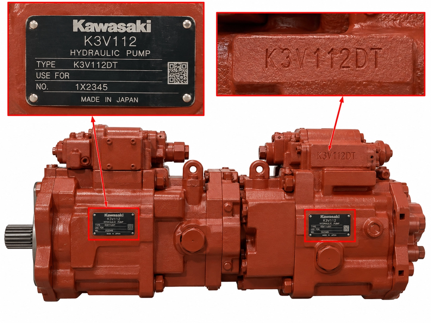 Kawasaki K3V112 hydraulic pump nameplate and model code identification tag on double tandem pump assembly Kawasaki K3V112 hydraulic pump nameplate and model code identification tag on double tandem pump assembly